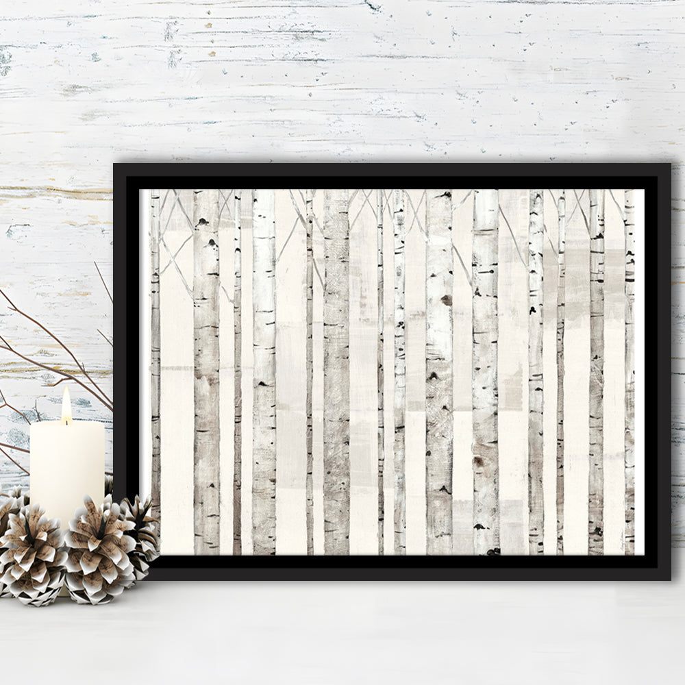 Birch Trees On White Wall Art, Framed Cavas Print, Floating Frame