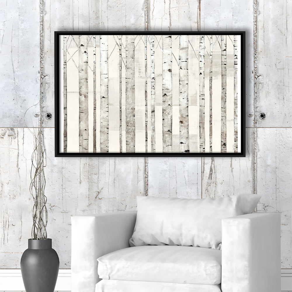 Birch Trees On White Wall Art, Framed Cavas Print, Floating Frame