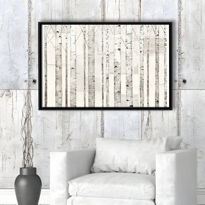 Birch Trees On White Wall Art, Framed Cavas Print, Floating Frame