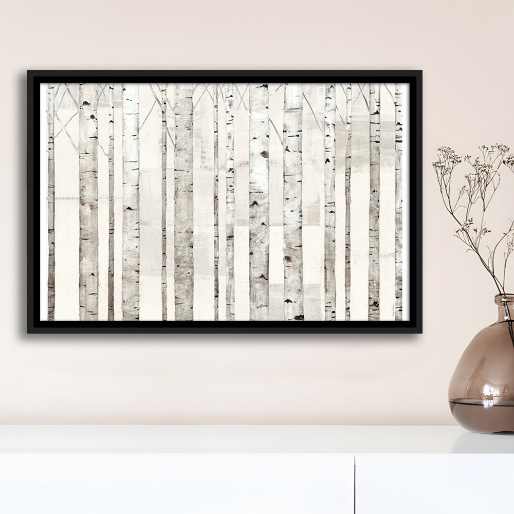 Birch Trees On White Wall Art, Framed Cavas Print, Floating Frame