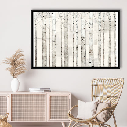 Birch Trees On White Wall Art, Framed Cavas Print, Floating Frame