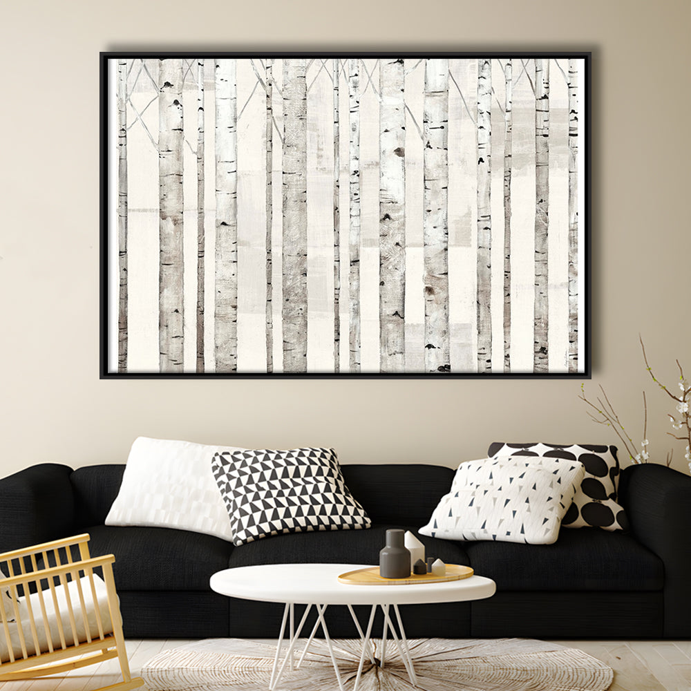 Birch Trees On White Wall Art, Framed Cavas Print, Floating Frame