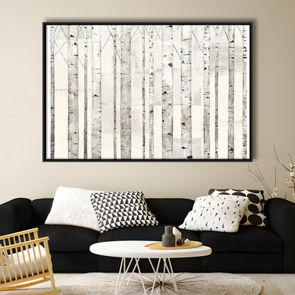 Birch Trees On White Wall Art, Framed Cavas Print, Floating Frame