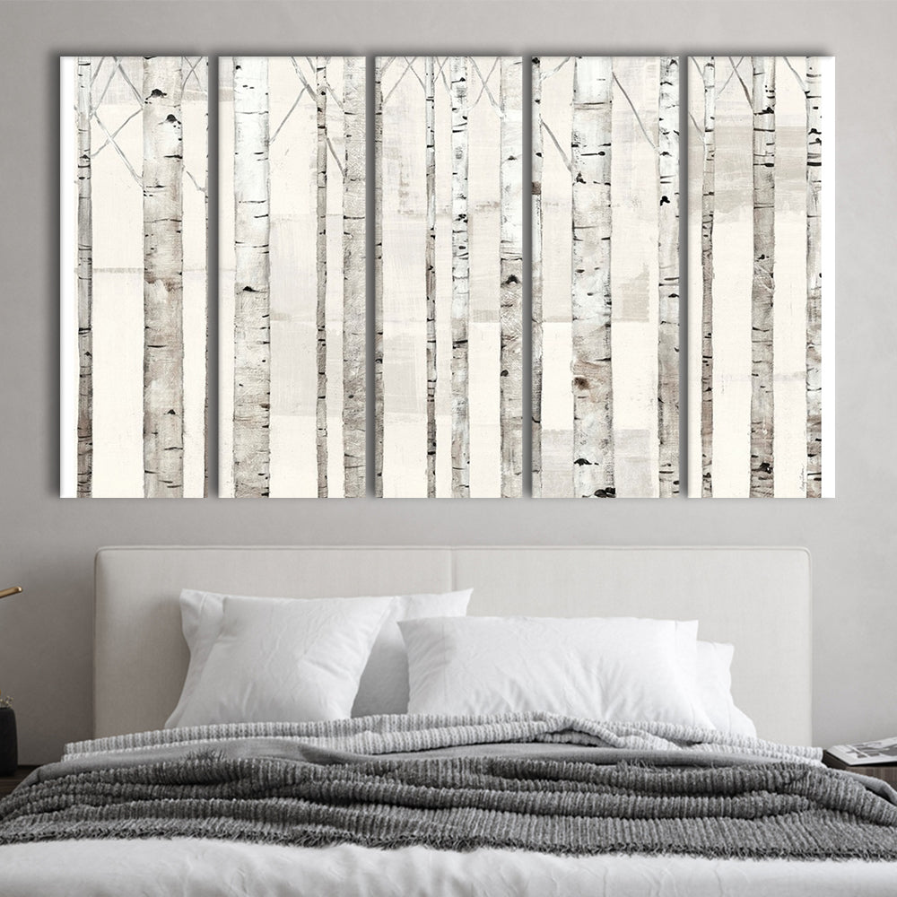 Birch Trees on White Wall Art, 5 Piece B Extra Large Cavas Print Wall Art Decor