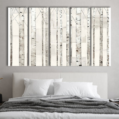 Birch Trees on White Wall Art, 5 Piece B Extra Large Cavas Print Wall Art Decor