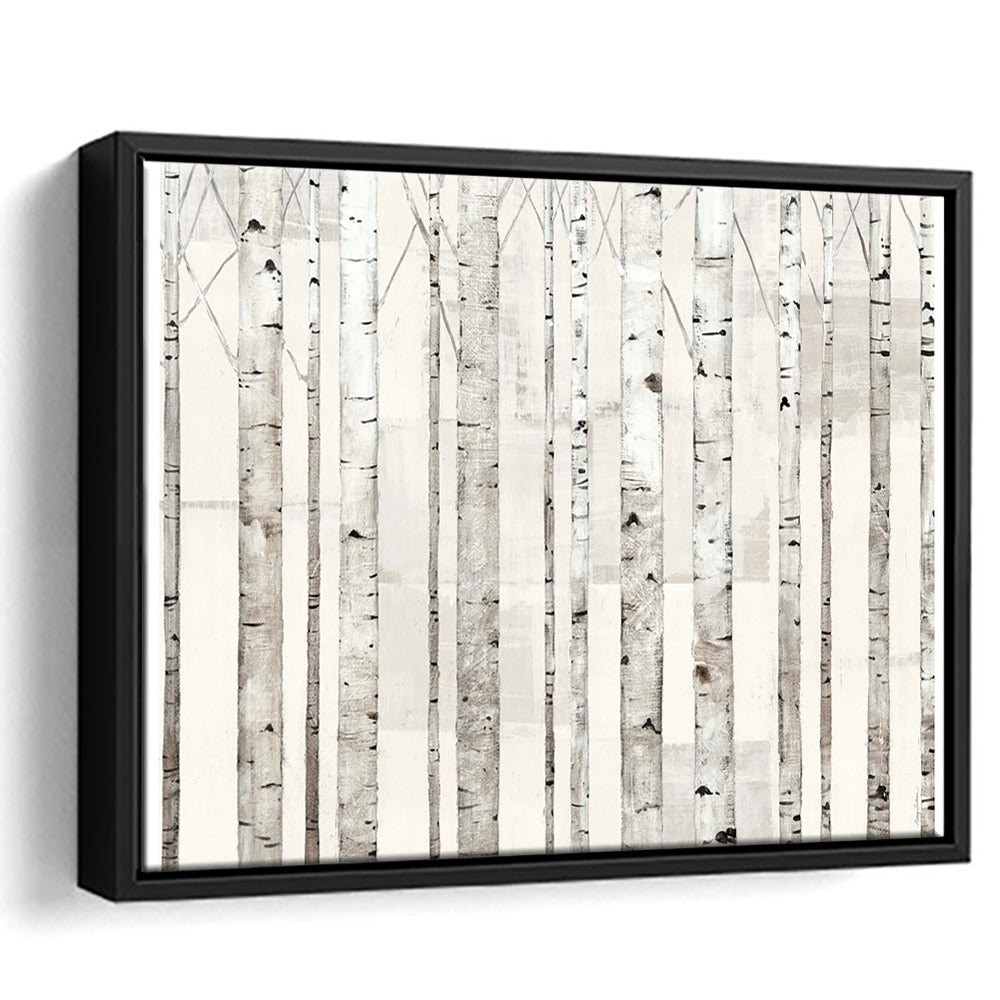 Birch Trees On White Wall Art, Framed Cavas Print, Floating Frame