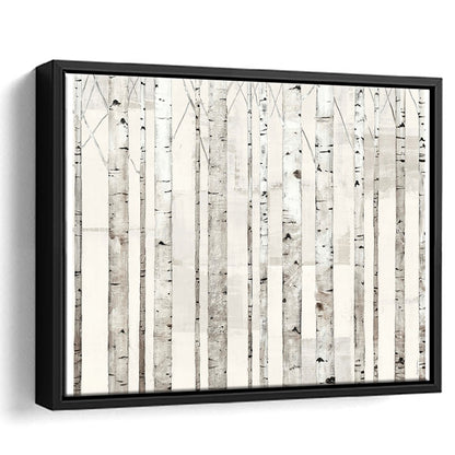 Birch Trees On White Wall Art, Framed Cavas Print, Floating Frame