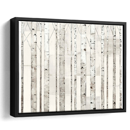Birch Trees On White Wall Art, Framed Cavas Print, Floating Frame