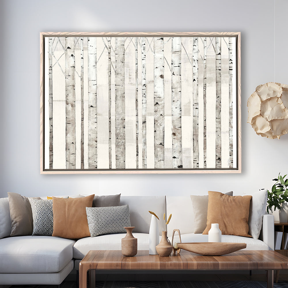 Birch Trees On White Wall Art, Framed Cavas Print, Floating Frame