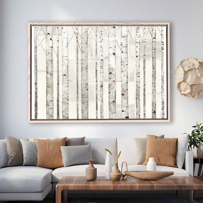 Birch Trees On White Wall Art, Framed Cavas Print, Floating Frame