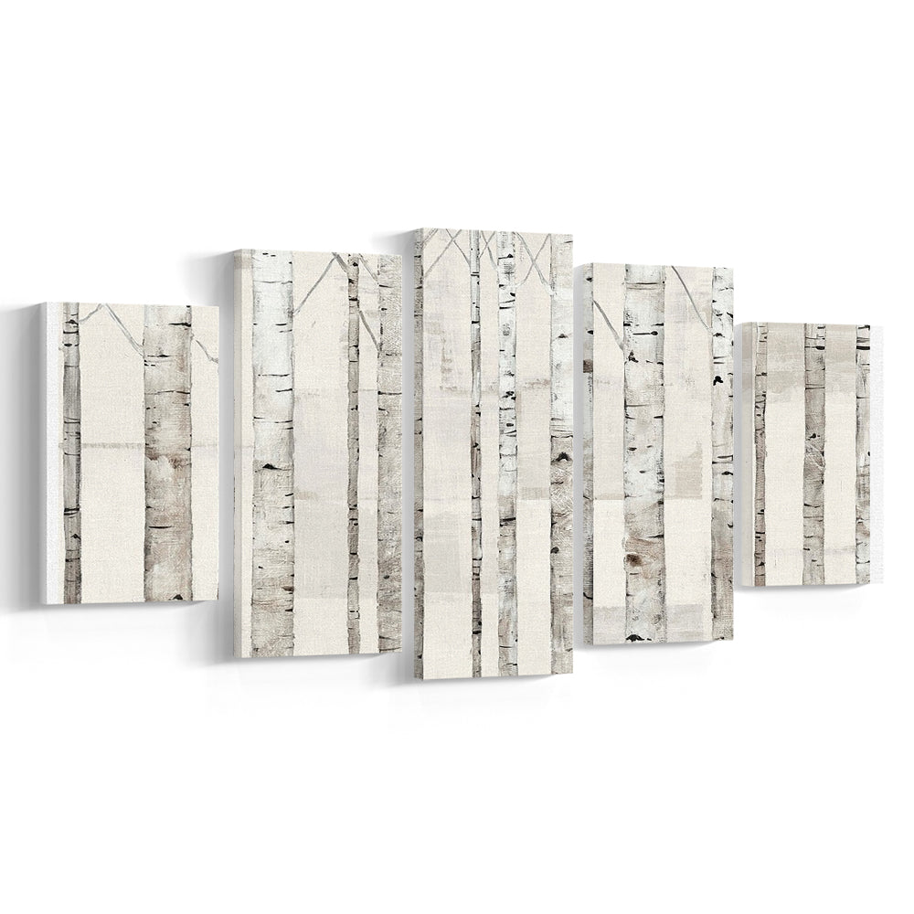 Birch Trees on White Wall Art, 5 Piece Large Cavas Print Wall Art