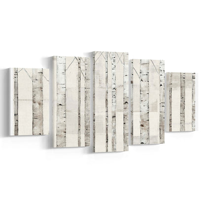 Birch Trees on White Wall Art, 5 Piece Large Cavas Print Wall Art