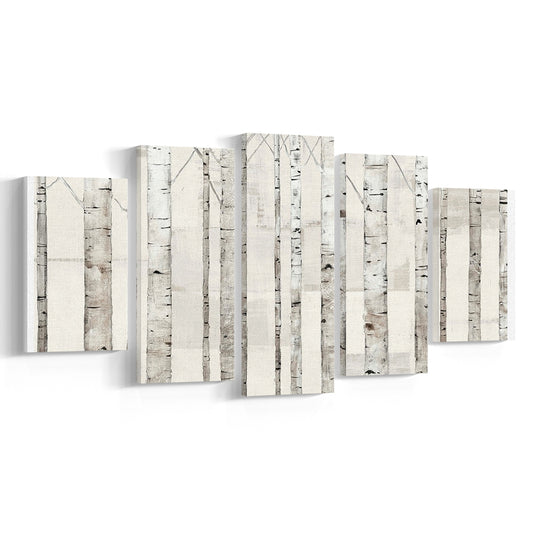 Birch Trees on White Wall Art, 5 Piece Large Cavas Print Wall Art