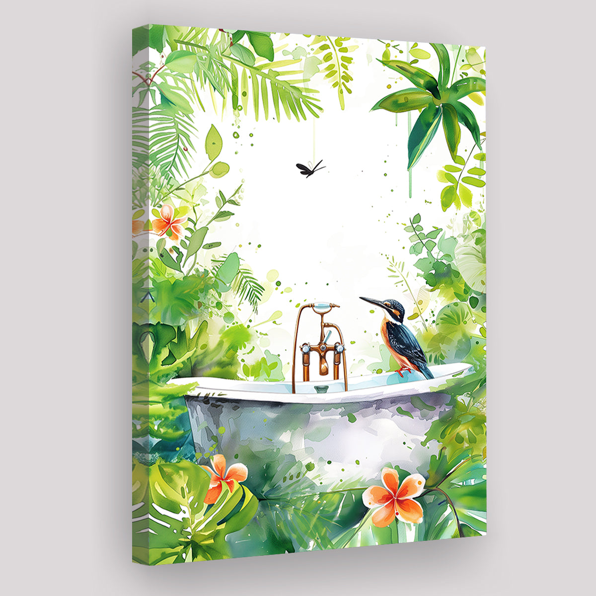 Bird In Bathtub Bathroom Decor Print Tropical Leave Canvas Prints Wall Art, Bathroom Art Decor,