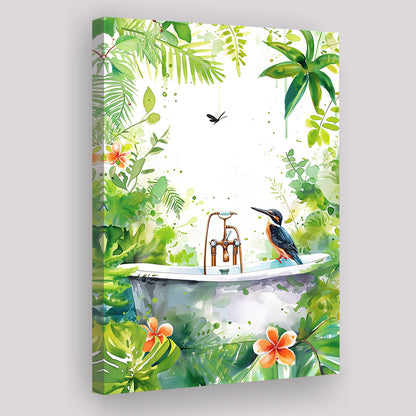 Bird In Bathtub Bathroom Decor Print Tropical Leave Canvas Prints Wall Art, Bathroom Art Decor,