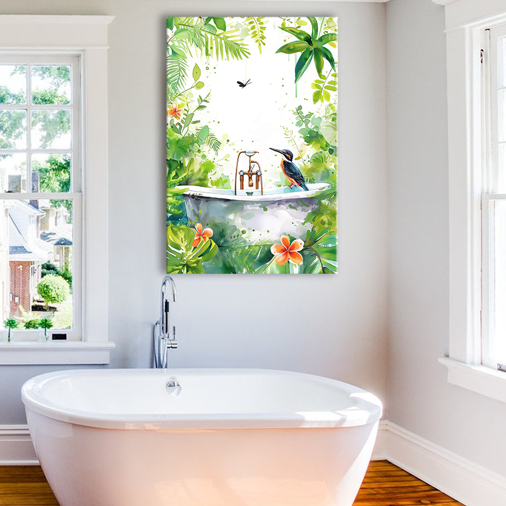 Bird In Bathtub Bathroom Decor Print Tropical Leave Canvas Prints Wall Art, Bathroom Art Decor,