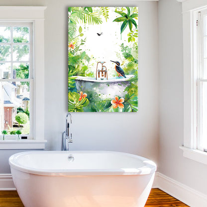 Bird In Bathtub Bathroom Decor Print Tropical Leave Canvas Prints Wall Art, Bathroom Art Decor,