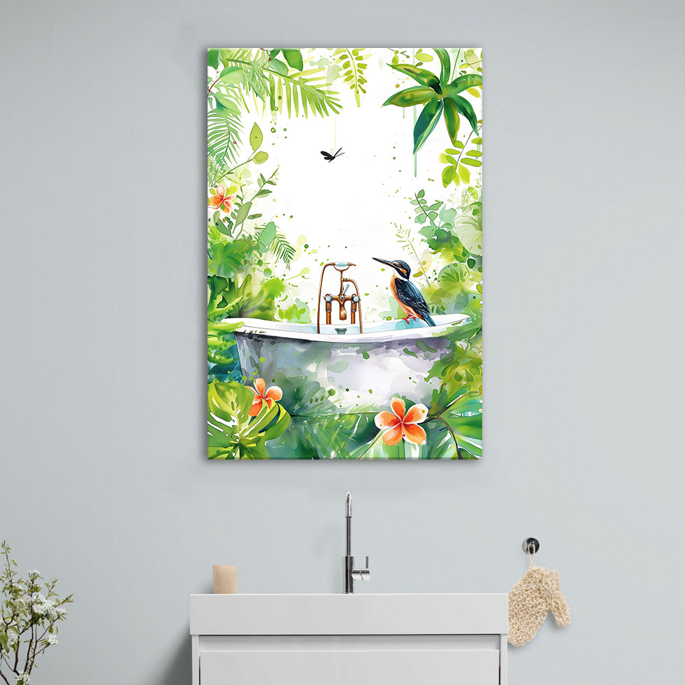 Bird In Bathtub Bathroom Decor Print Tropical Leave Canvas Prints Wall Art, Bathroom Art Decor,