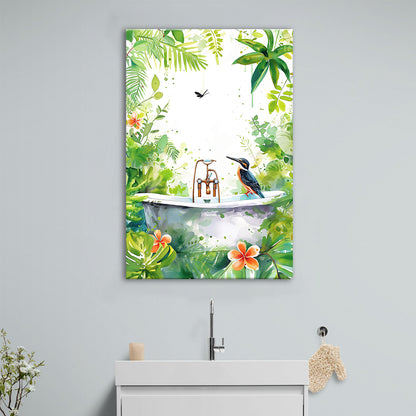 Bird In Bathtub Bathroom Decor Print Tropical Leave Canvas Prints Wall Art, Bathroom Art Decor,