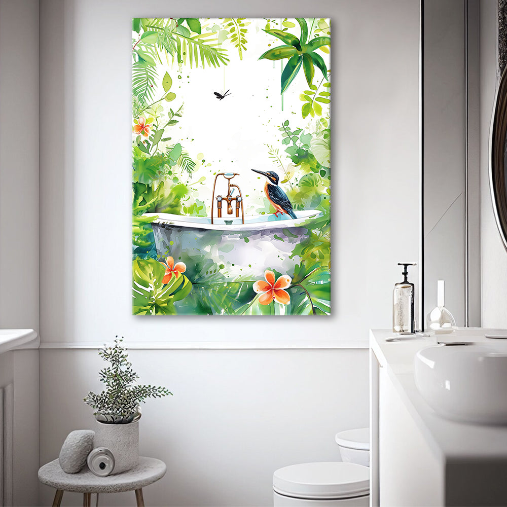 Bird In Bathtub Bathroom Decor Print Tropical Leave Canvas Prints Wall Art, Bathroom Art Decor,