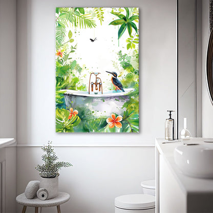 Bird In Bathtub Bathroom Decor Print Tropical Leave Canvas Prints Wall Art, Bathroom Art Decor,