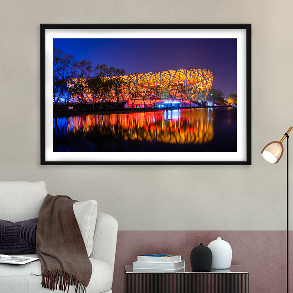 Bird's Nest Beijing Stadium, Stadium Canvas, Sport Art, Gift for him, White Border Framed Art Print Wall Decor