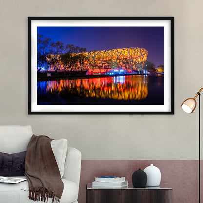 Bird's Nest Beijing Stadium, Stadium Canvas, Sport Art, Gift for him, White Border Framed Art Print Wall Decor