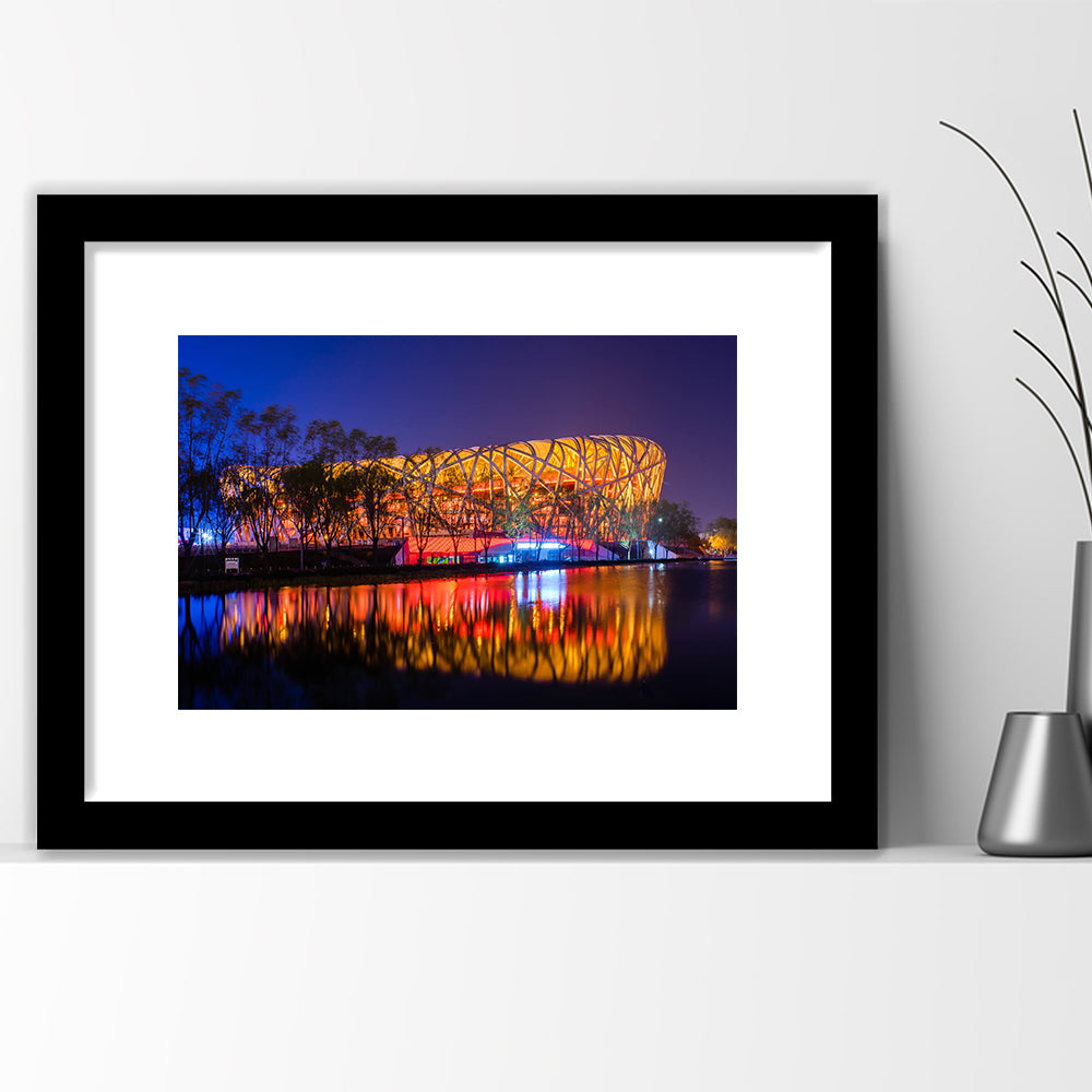 Bird's Nest Beijing Stadium, Stadium Canvas, Sport Art, Gift for him, White Border Framed Art Print Wall Decor