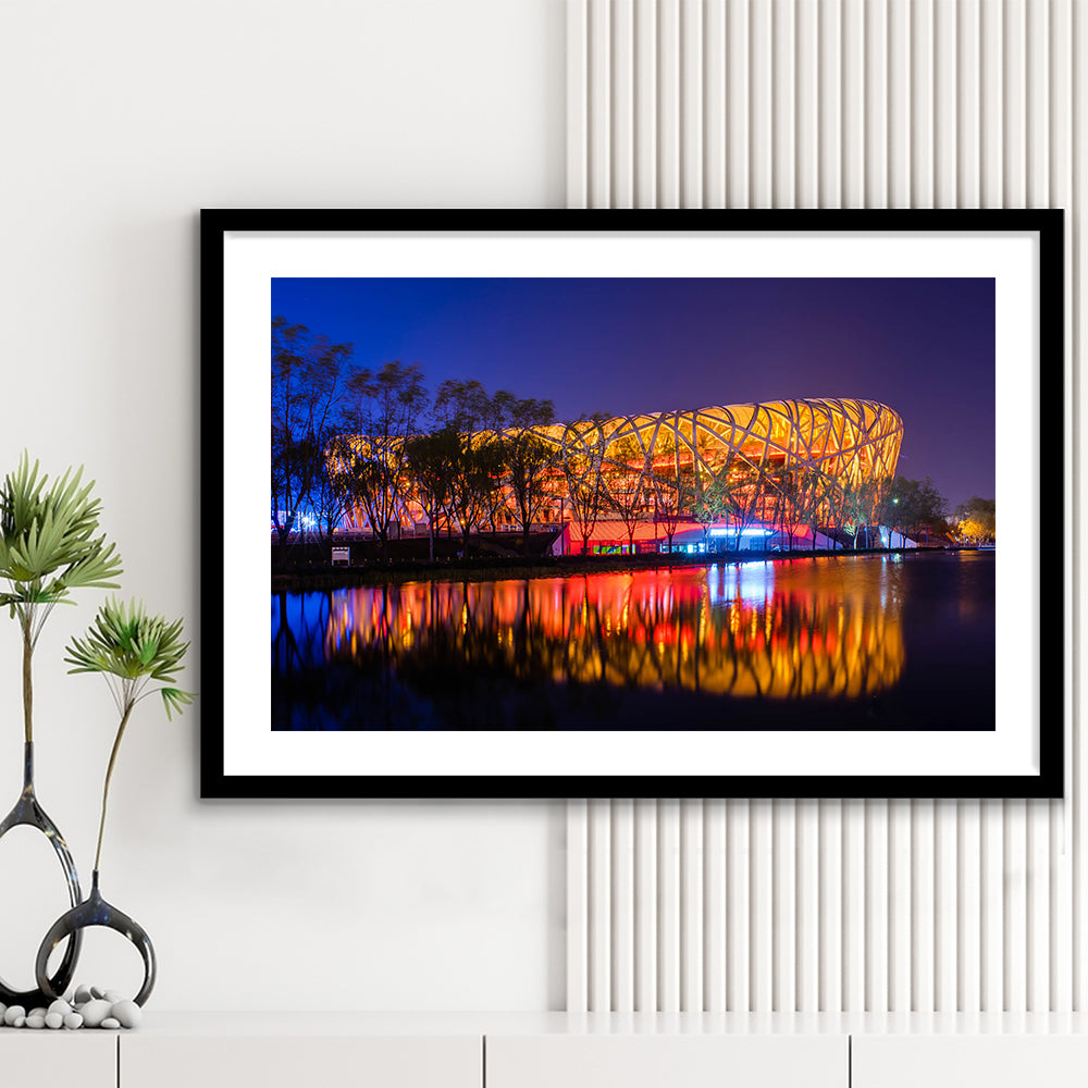 Bird's Nest Beijing Stadium, Stadium Canvas, Sport Art, Gift for him, White Border Framed Art Print Wall Decor