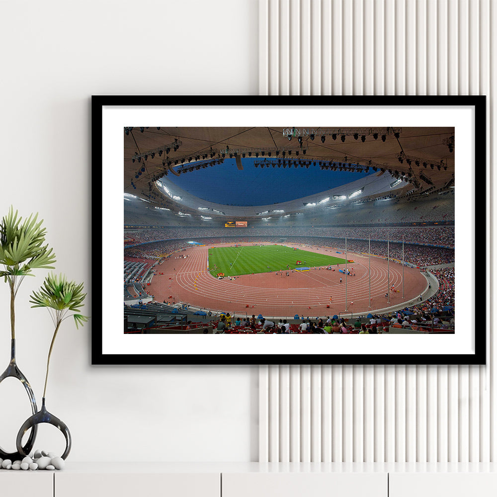 Bird's Nest Olympic Stadium, Stadium Canvas, Sport Art, Gift for him, White Border Framed Art Print Wall Decor