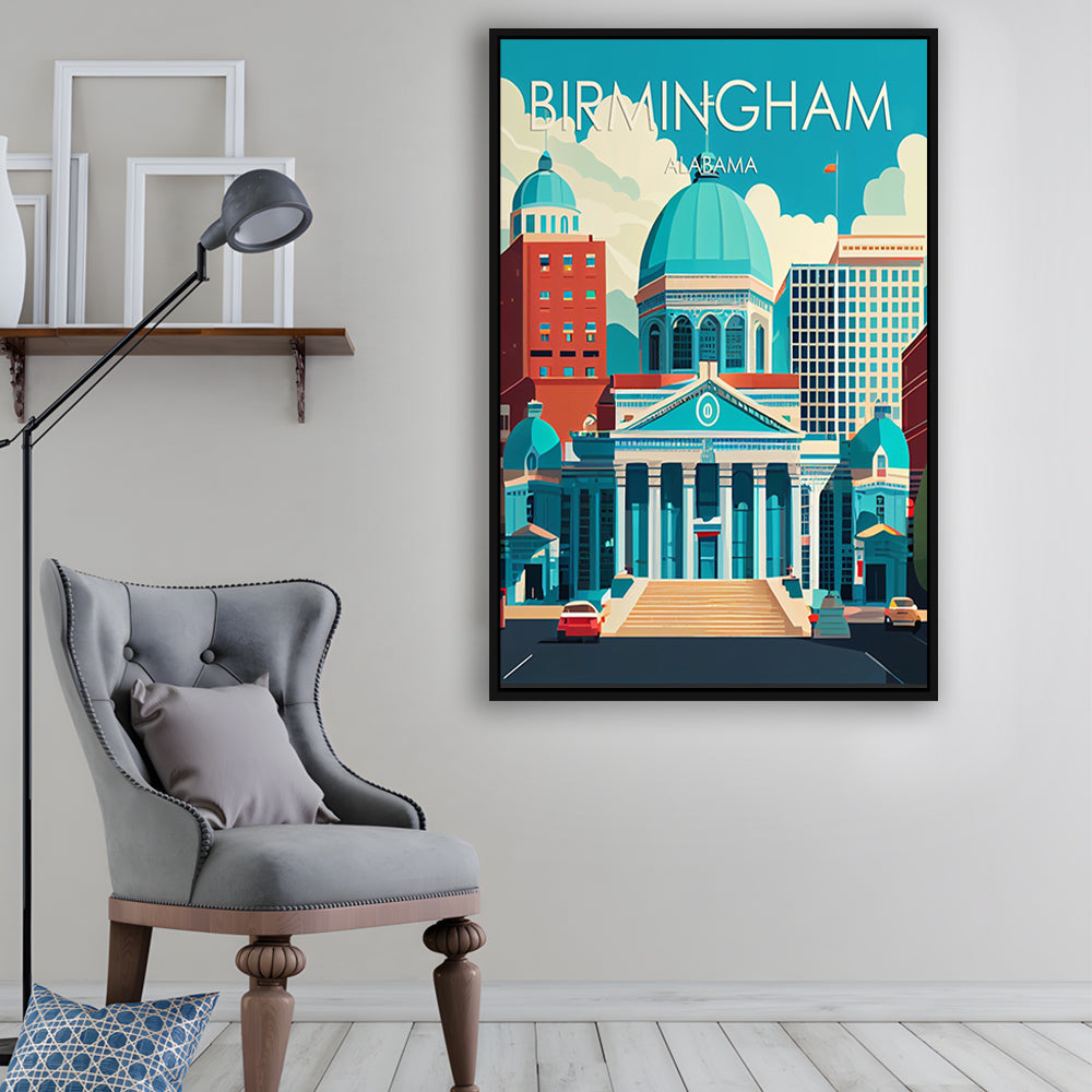 Birmingham Alabama Retro Art Print, Birmingham City Wall Art, Floating Framed Canvas Print, Framed Picture, Painting Canvas
