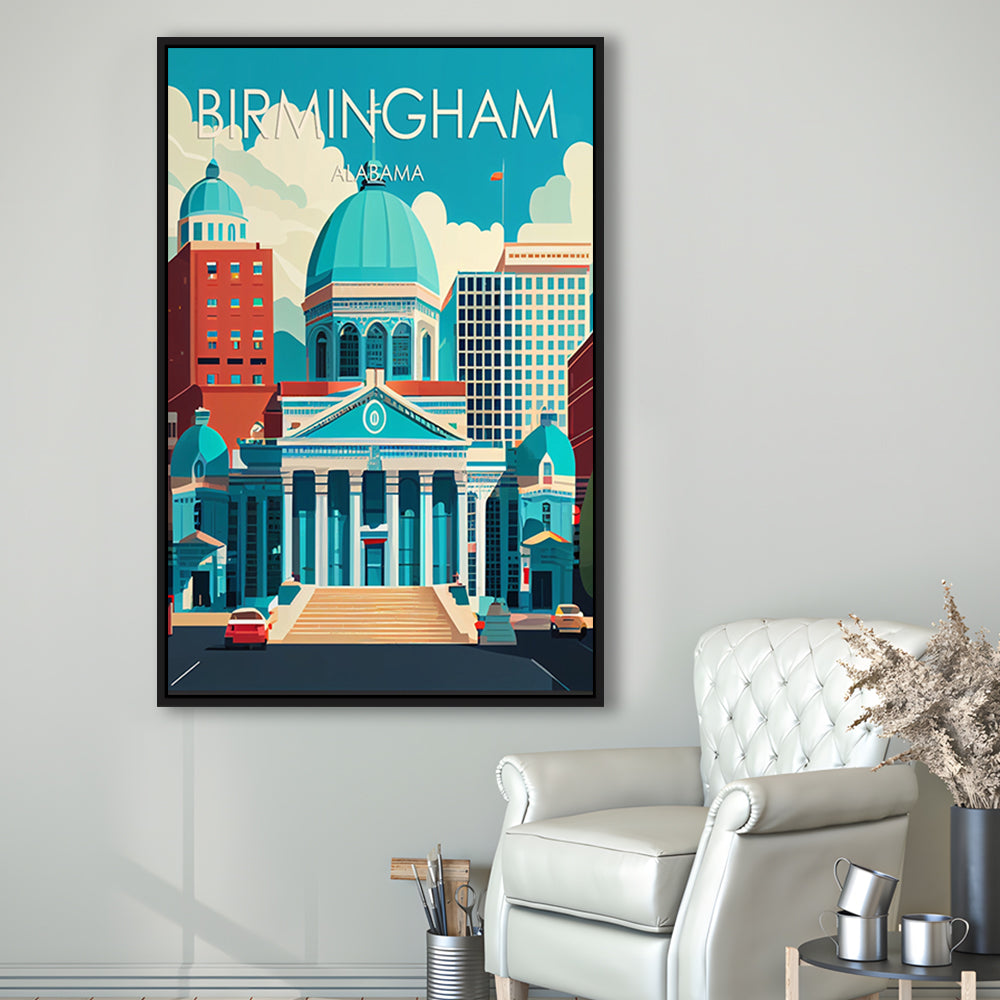 Birmingham Alabama Retro Art Print, Birmingham City Wall Art, Floating Framed Canvas Print, Framed Picture, Painting Canvas