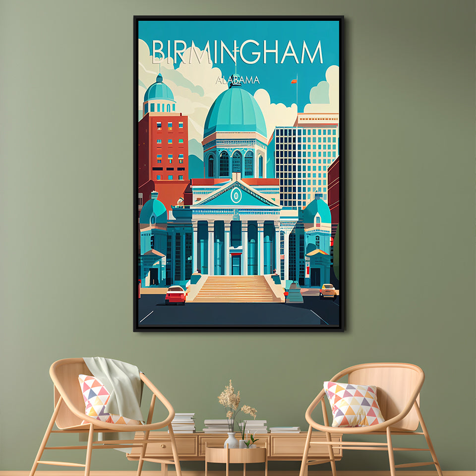 Birmingham Alabama Retro Art Print, Birmingham City Wall Art, Floating Framed Canvas Print, Framed Picture, Painting Canvas