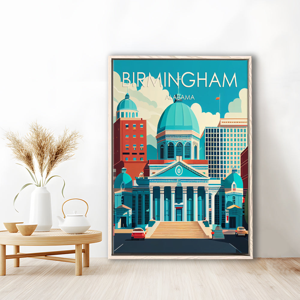 Birmingham Alabama Retro Art Print, Birmingham City Wall Art, Floating Framed Canvas Print, Framed Picture, Painting Canvas