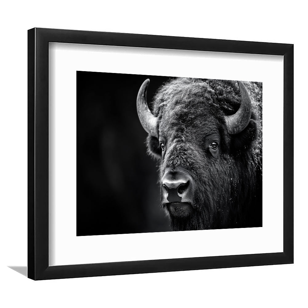 Bison Close up Portrait Black and White, Framed  Print, Painting Art, Framed Art Print White Border Wall Decor