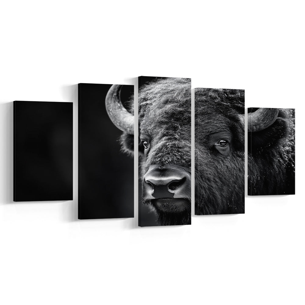 Bison Close up Portrait Black and White, Canvas Art Decor Print, Painting Art, Mixed Panels Canvas Print Wall Art