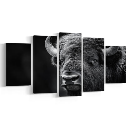 Bison Close up Portrait Black and White, Canvas Art Decor Print, Painting Art, Mixed Panels Canvas Print Wall Art