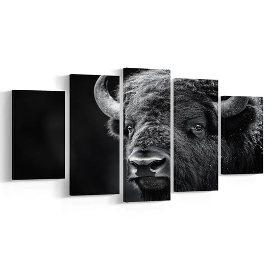 Bison Close up Portrait Black and White, Canvas Art Decor Print, Painting Art, Mixed Panels Canvas Print Wall Art