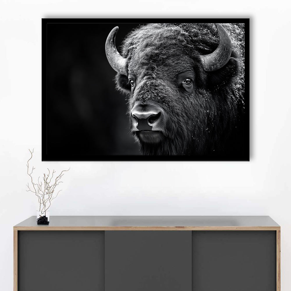 Bison Close up Portrait Black and White, Framed  Print, Painting Art, Framed Art Print Wall Decor, Framed Picture