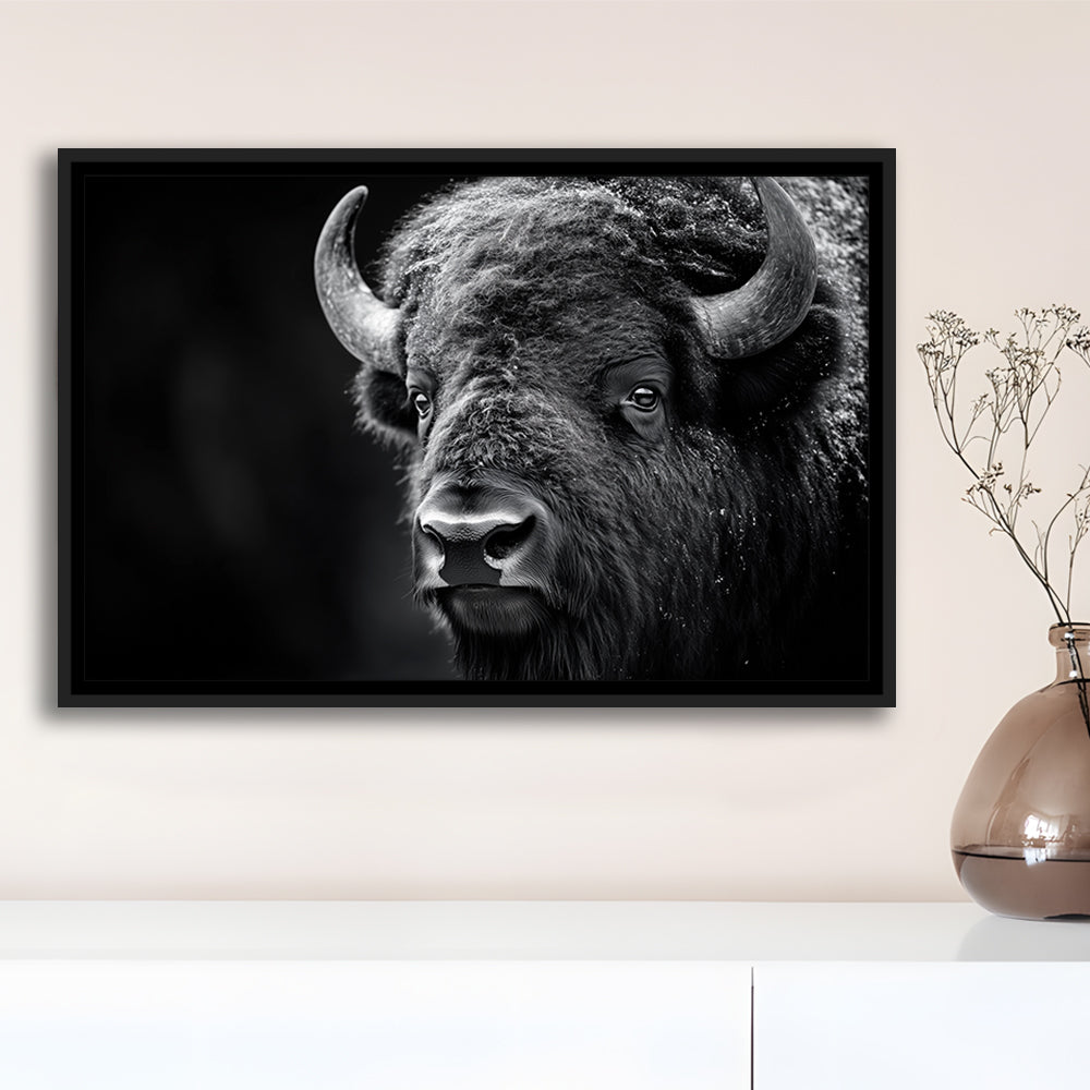 Bison Close up Portrait Black and White, Framed Canvas Print, Painting Art, Floating Framed Canvas Print Wall Art