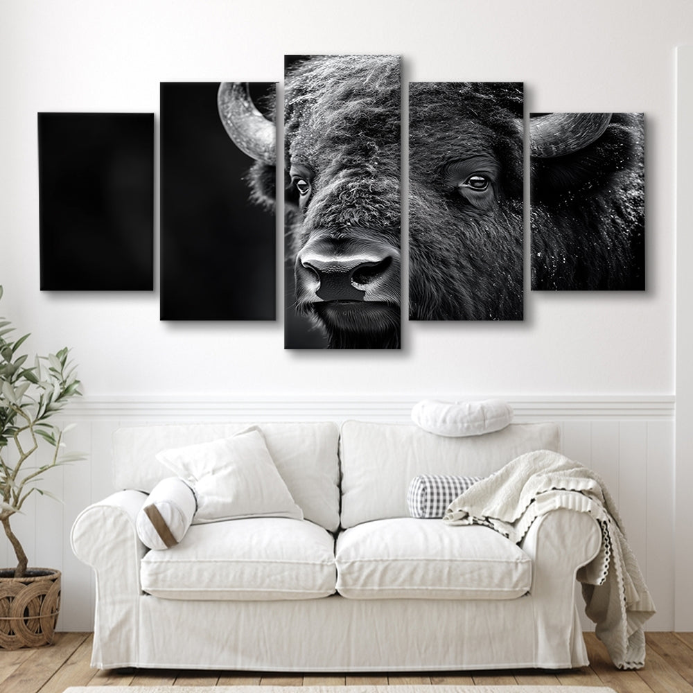 Bison Close up Portrait Black and White, Canvas Art Decor Print, Painting Art, Mixed Panels Canvas Print Wall Art