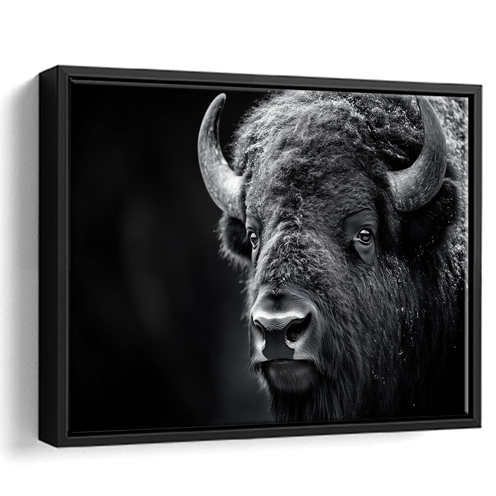 Bison Close up Portrait Black and White, Framed Canvas Print, Painting Art, Floating Framed Canvas Print Wall Art