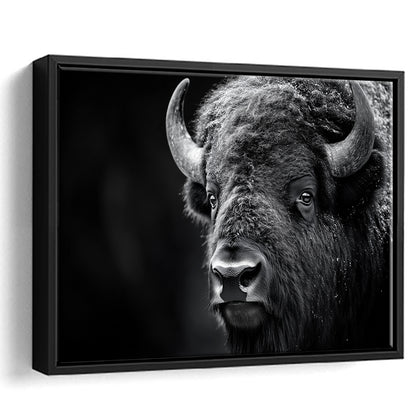 Bison Close up Portrait Black and White, Framed Canvas Print, Painting Art, Floating Framed Canvas Print Wall Art