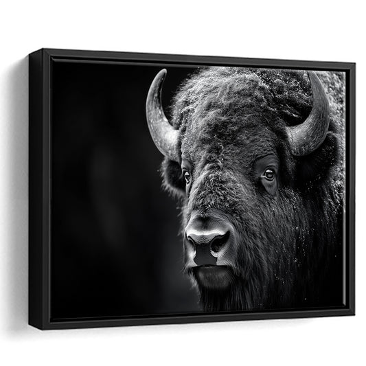 Bison Close up Portrait Black and White, Framed Canvas Print, Painting Art, Floating Framed Canvas Print Wall Art