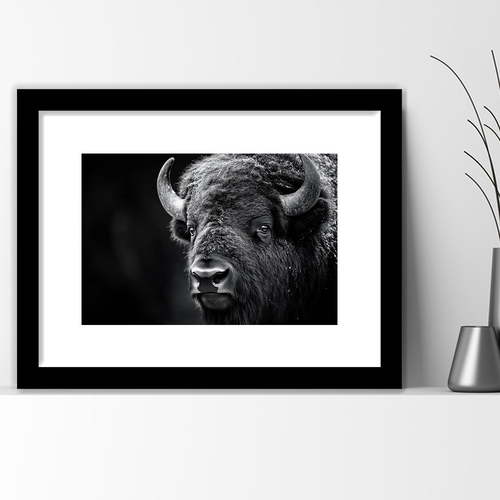 Bison Close up Portrait Black and White, Framed  Print, Painting Art, Framed Art Print White Border Wall Decor