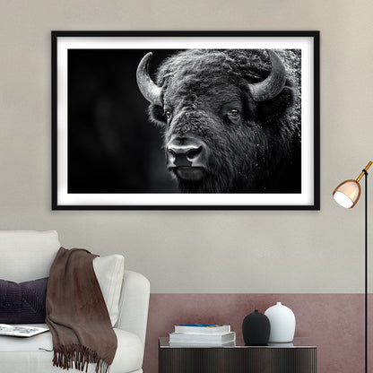 Bison Close up Portrait Black and White, Framed  Print, Painting Art, Framed Art Print White Border Wall Decor