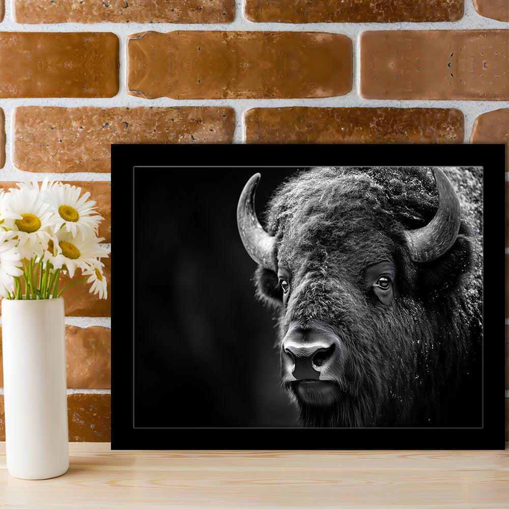 Bison Close up Portrait Black and White, Framed  Print, Painting Art, Framed Art Print Wall Decor, Framed Picture