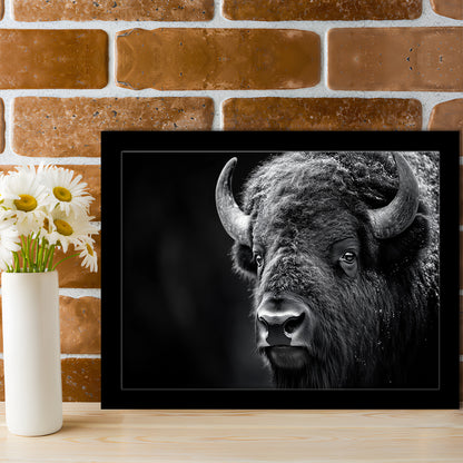 Bison Close up Portrait Black and White, Framed  Print, Painting Art, Framed Art Print Wall Decor, Framed Picture