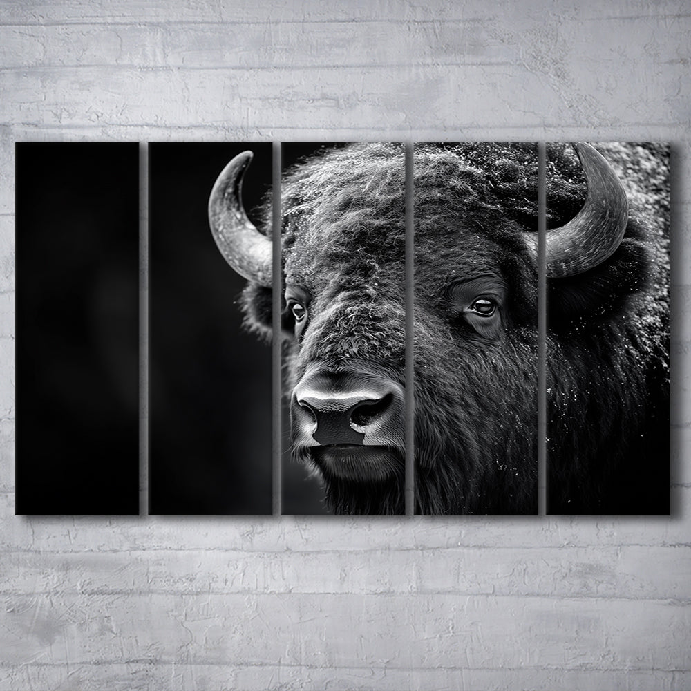 Bison Close up Portrait Black and White, Canvas Art Print, Painting Art, Multi Panels Canvas Print Wall Art