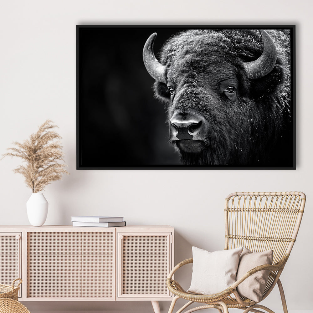 Bison Close up Portrait Black and White, Framed Canvas Print, Painting Art, Floating Framed Canvas Print Wall Art